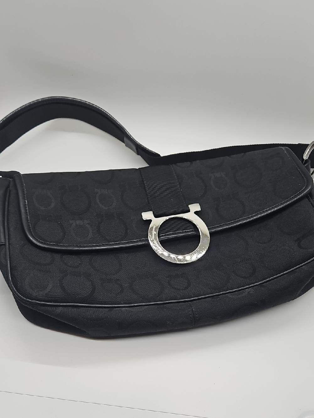 Salvatore Ferragamo Black Logo Jacquard Shoulder Bag with Silver Ring